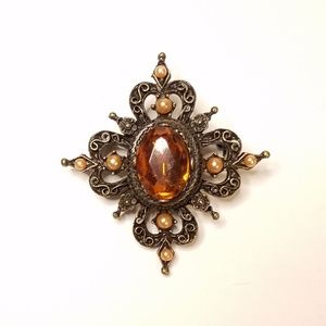 Vintage Orange Stone Bronze Color Cross Brooch
